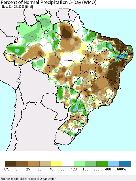 Brazil Percent of Normal Precipitation 5-Day (WMO) Thematic Map For 11/21/2023 - 11/25/2023