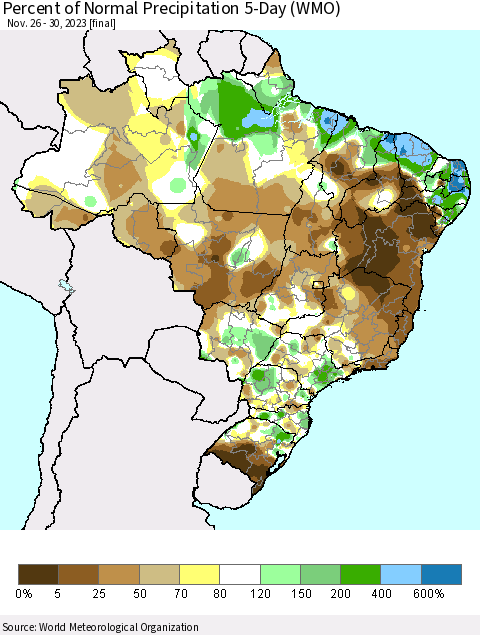Brazil Percent of Normal Precipitation 5-Day (WMO) Thematic Map For 11/26/2023 - 11/30/2023