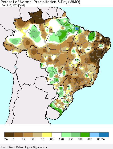 Brazil Percent of Normal Precipitation 5-Day (WMO) Thematic Map For 12/1/2023 - 12/5/2023