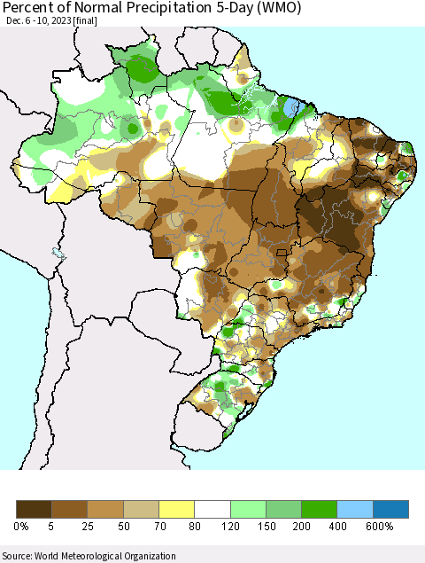 Brazil Percent of Normal Precipitation 5-Day (WMO) Thematic Map For 12/6/2023 - 12/10/2023