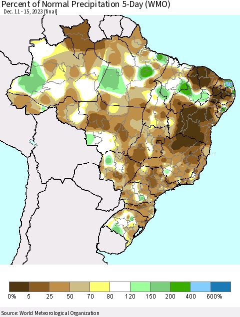 Brazil Percent of Normal Precipitation 5-Day (WMO) Thematic Map For 12/11/2023 - 12/15/2023