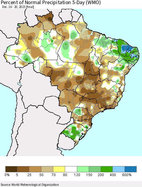 Brazil Percent of Normal Precipitation 5-Day (WMO) Thematic Map For 12/16/2023 - 12/20/2023
