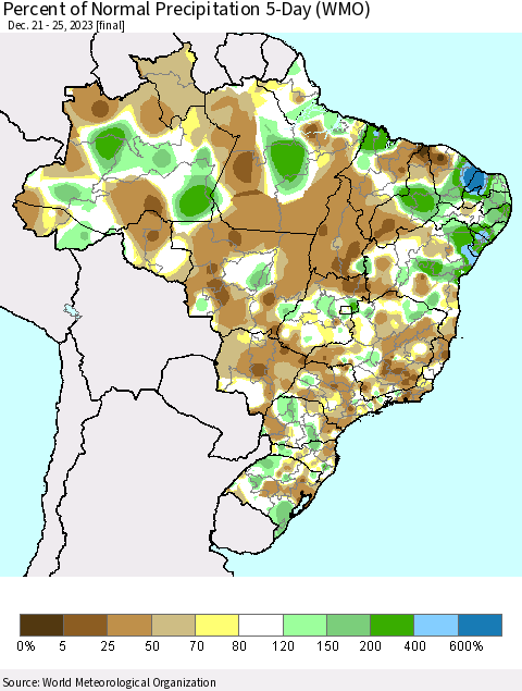 Brazil Percent of Normal Precipitation 5-Day (WMO) Thematic Map For 12/21/2023 - 12/25/2023