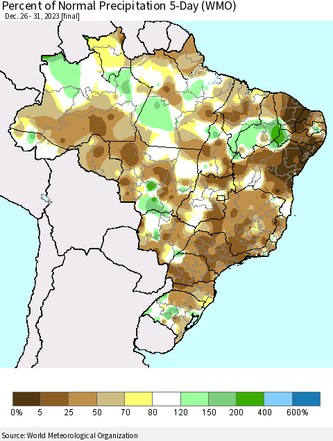 Brazil Percent of Normal Precipitation 5-Day (WMO) Thematic Map For 12/26/2023 - 12/31/2023