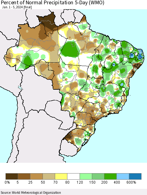 Brazil Percent of Normal Precipitation 5-Day (WMO) Thematic Map For 1/1/2024 - 1/5/2024