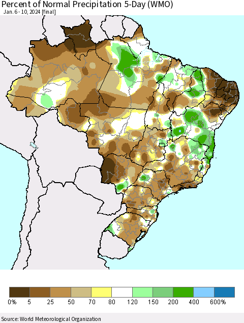 Brazil Percent of Normal Precipitation 5-Day (WMO) Thematic Map For 1/6/2024 - 1/10/2024