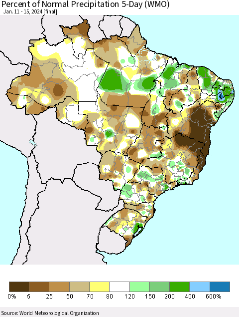 Brazil Percent of Normal Precipitation 5-Day (WMO) Thematic Map For 1/11/2024 - 1/15/2024