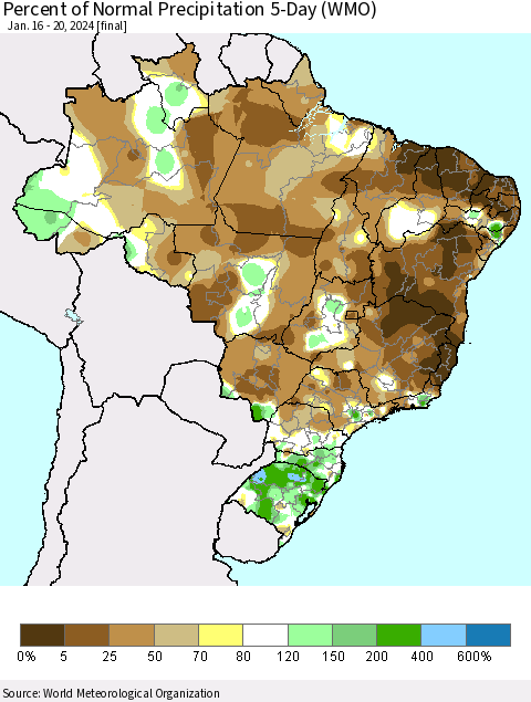 Brazil Percent of Normal Precipitation 5-Day (WMO) Thematic Map For 1/16/2024 - 1/20/2024