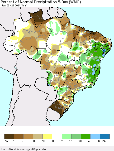 Brazil Percent of Normal Precipitation 5-Day (WMO) Thematic Map For 1/21/2024 - 1/25/2024