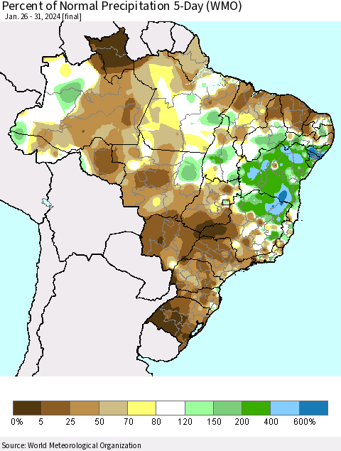 Brazil Percent of Normal Precipitation 5-Day (WMO) Thematic Map For 1/26/2024 - 1/31/2024