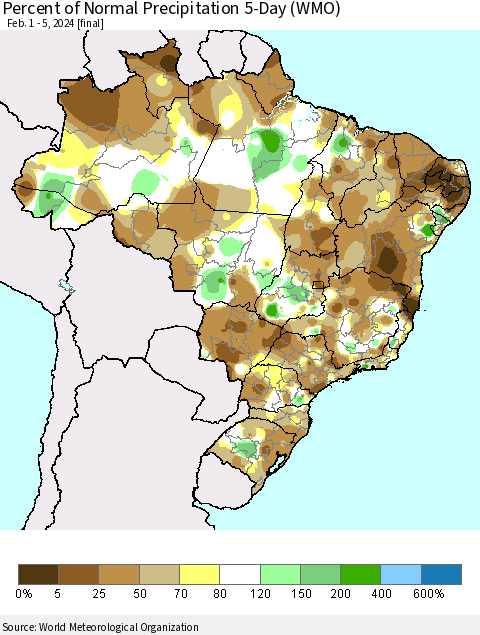 Brazil Percent of Normal Precipitation 5-Day (WMO) Thematic Map For 2/1/2024 - 2/5/2024
