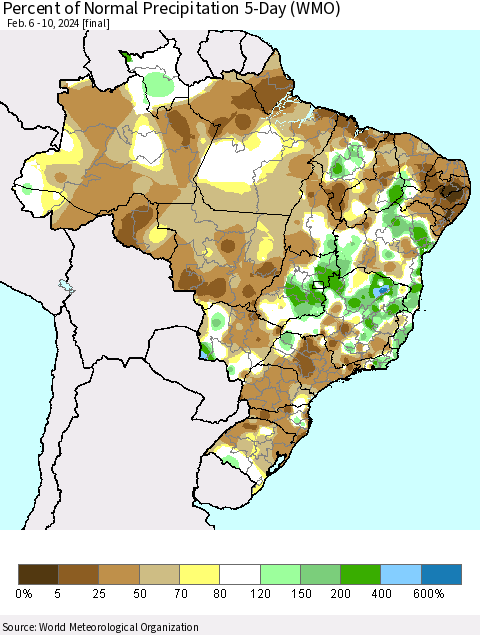 Brazil Percent of Normal Precipitation 5-Day (WMO) Thematic Map For 2/6/2024 - 2/10/2024