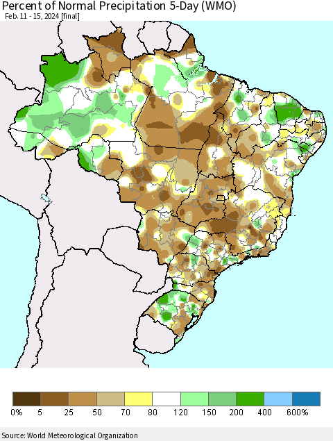 Brazil Percent of Normal Precipitation 5-Day (WMO) Thematic Map For 2/11/2024 - 2/15/2024