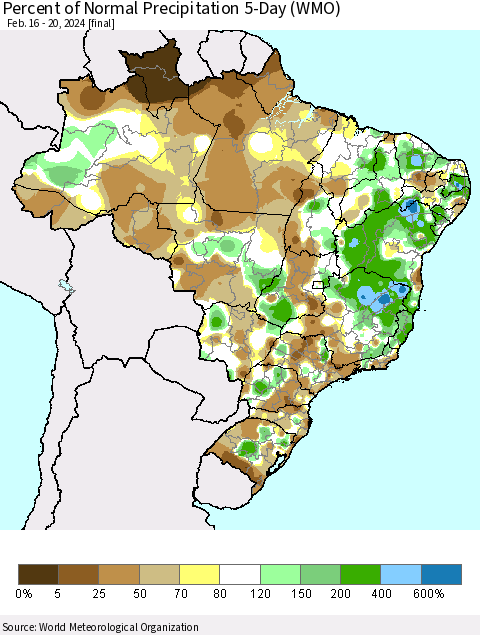 Brazil Percent of Normal Precipitation 5-Day (WMO) Thematic Map For 2/16/2024 - 2/20/2024