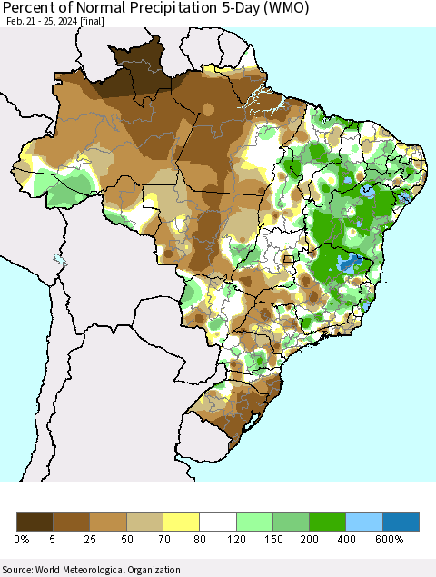Brazil Percent of Normal Precipitation 5-Day (WMO) Thematic Map For 2/21/2024 - 2/25/2024