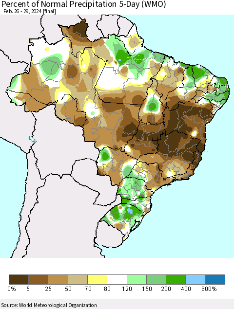 Brazil Percent of Normal Precipitation 5-Day (WMO) Thematic Map For 2/26/2024 - 2/29/2024