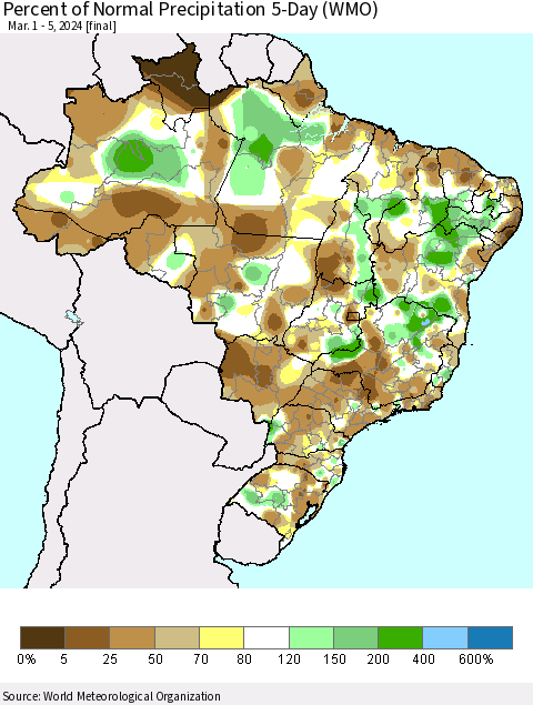 Brazil Percent of Normal Precipitation 5-Day (WMO) Thematic Map For 3/1/2024 - 3/5/2024