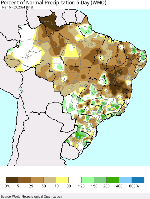 Brazil Percent of Normal Precipitation 5-Day (WMO) Thematic Map For 3/6/2024 - 3/10/2024