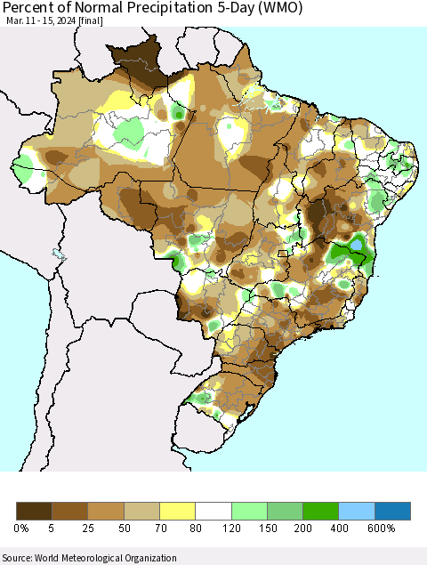 Brazil Percent of Normal Precipitation 5-Day (WMO) Thematic Map For 3/11/2024 - 3/15/2024