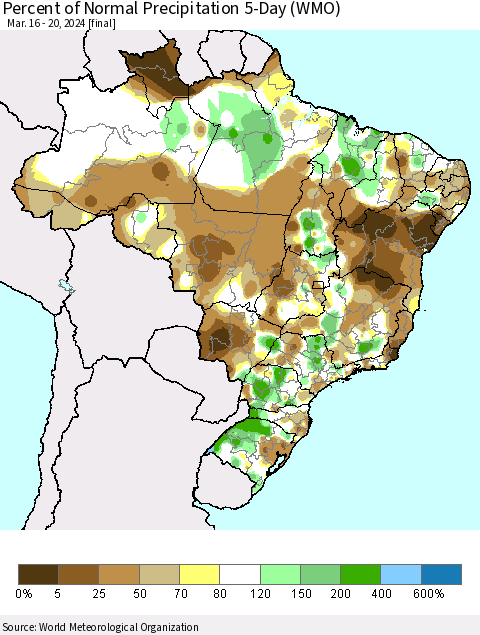 Brazil Percent of Normal Precipitation 5-Day (WMO) Thematic Map For 3/16/2024 - 3/20/2024