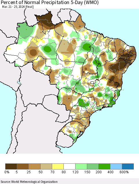 Brazil Percent of Normal Precipitation 5-Day (WMO) Thematic Map For 3/21/2024 - 3/25/2024