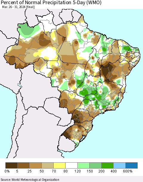 Brazil Percent of Normal Precipitation 5-Day (WMO) Thematic Map For 3/26/2024 - 3/31/2024