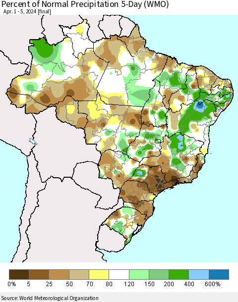 Brazil Percent of Normal Precipitation 5-Day (WMO) Thematic Map For 4/1/2024 - 4/5/2024