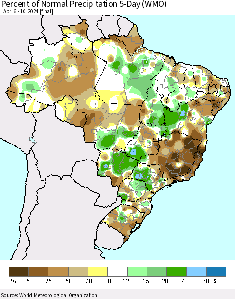 Brazil Percent of Normal Precipitation 5-Day (WMO) Thematic Map For 4/6/2024 - 4/10/2024
