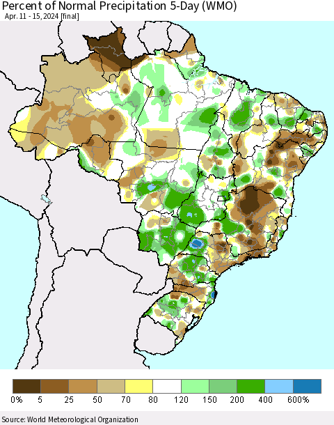 Brazil Percent of Normal Precipitation 5-Day (WMO) Thematic Map For 4/11/2024 - 4/15/2024