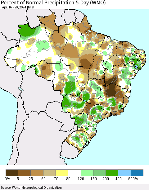 Brazil Percent of Normal Precipitation 5-Day (WMO) Thematic Map For 4/16/2024 - 4/20/2024