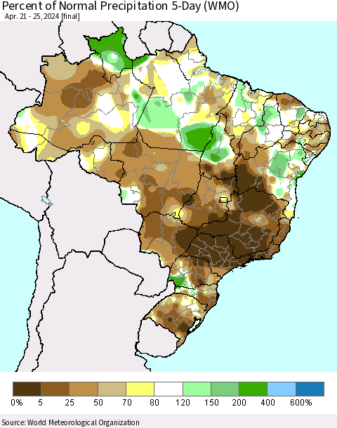 Brazil Percent of Normal Precipitation 5-Day (WMO) Thematic Map For 4/21/2024 - 4/25/2024