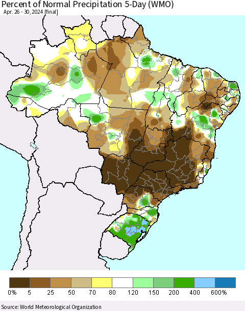 Brazil Percent of Normal Precipitation 5-Day (WMO) Thematic Map For 4/26/2024 - 4/30/2024