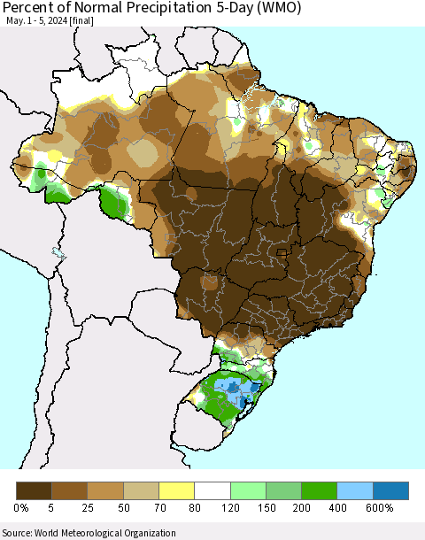 Brazil Percent of Normal Precipitation 5-Day (WMO) Thematic Map For 5/1/2024 - 5/5/2024