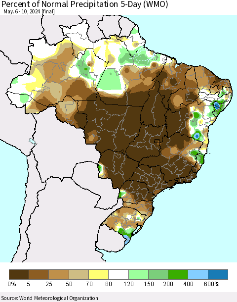 Brazil Percent of Normal Precipitation 5-Day (WMO) Thematic Map For 5/6/2024 - 5/10/2024