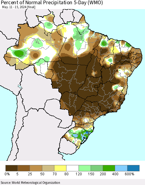 Brazil Percent of Normal Precipitation 5-Day (WMO) Thematic Map For 5/11/2024 - 5/15/2024