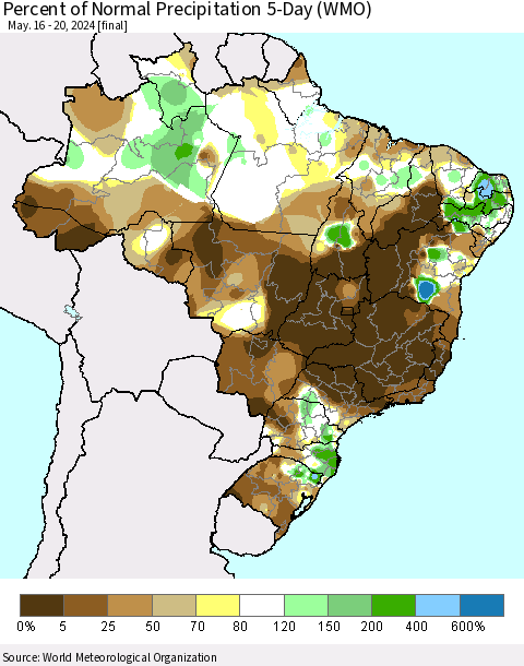 Brazil Percent of Normal Precipitation 5-Day (WMO) Thematic Map For 5/16/2024 - 5/20/2024