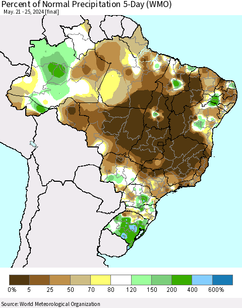 Brazil Percent of Normal Precipitation 5-Day (WMO) Thematic Map For 5/21/2024 - 5/25/2024