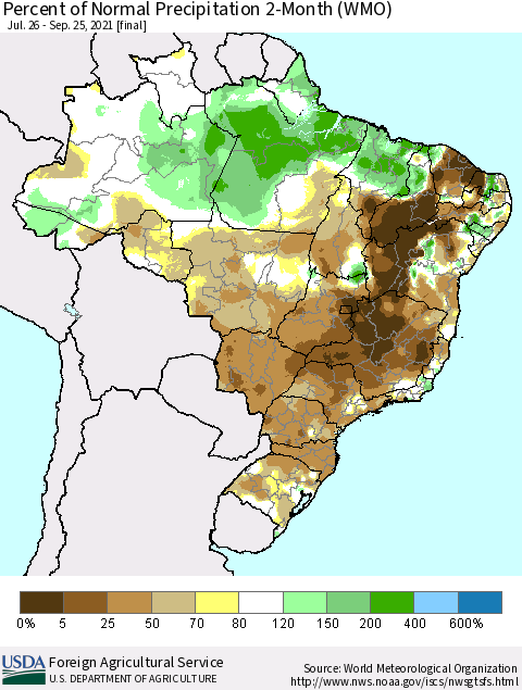 Brazil Percent of Normal Precipitation 2-Month (WMO) Thematic Map For 7/26/2021 - 9/25/2021