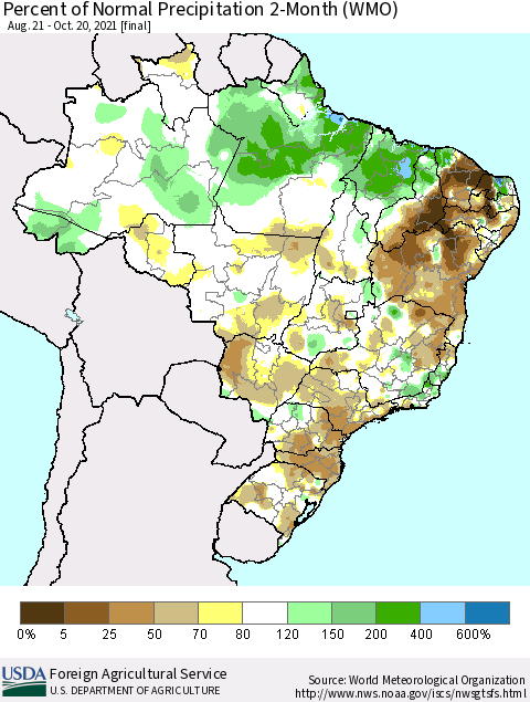 Brazil Percent of Normal Precipitation 2-Month (WMO) Thematic Map For 8/21/2021 - 10/20/2021