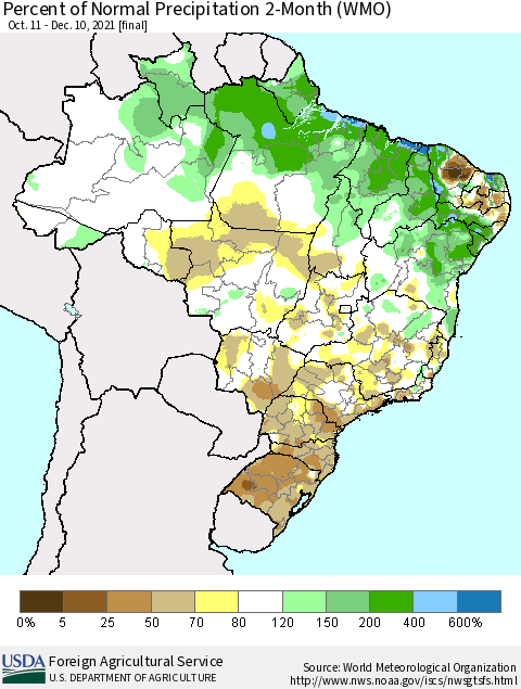 Brazil Percent of Normal Precipitation 2-Month (WMO) Thematic Map For 10/11/2021 - 12/10/2021