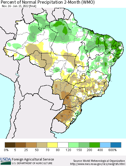 Brazil Percent of Normal Precipitation 2-Month (WMO) Thematic Map For 11/16/2021 - 1/15/2022