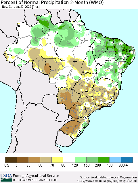 Brazil Percent of Normal Precipitation 2-Month (WMO) Thematic Map For 11/21/2021 - 1/20/2022