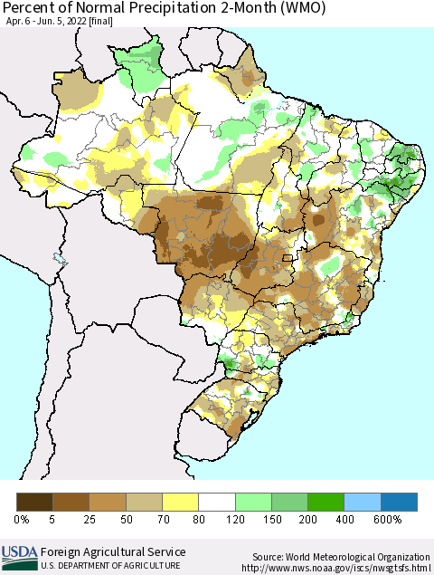 Brazil Percent of Normal Precipitation 2-Month (WMO) Thematic Map For 4/6/2022 - 6/5/2022