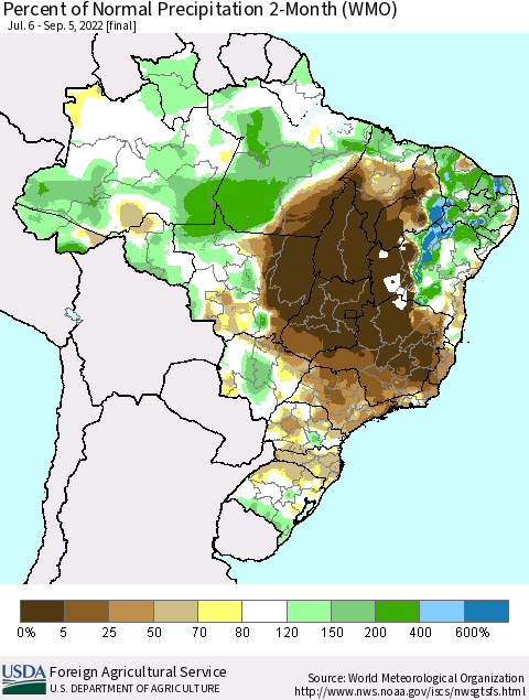 Brazil Percent of Normal Precipitation 2-Month (WMO) Thematic Map For 7/6/2022 - 9/5/2022