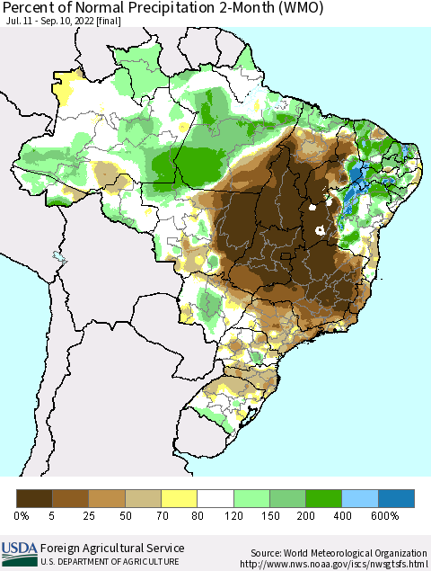 Brazil Percent of Normal Precipitation 2-Month (WMO) Thematic Map For 7/11/2022 - 9/10/2022