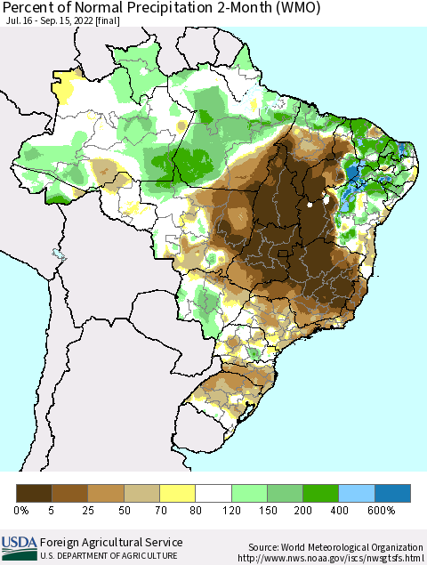 Brazil Percent of Normal Precipitation 2-Month (WMO) Thematic Map For 7/16/2022 - 9/15/2022