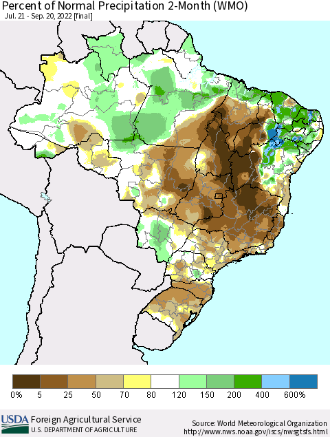 Brazil Percent of Normal Precipitation 2-Month (WMO) Thematic Map For 7/21/2022 - 9/20/2022