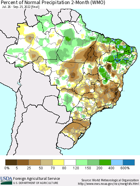 Brazil Percent of Normal Precipitation 2-Month (WMO) Thematic Map For 7/26/2022 - 9/25/2022