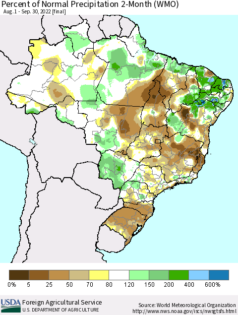 Brazil Percent of Normal Precipitation 2-Month (WMO) Thematic Map For 8/1/2022 - 9/30/2022