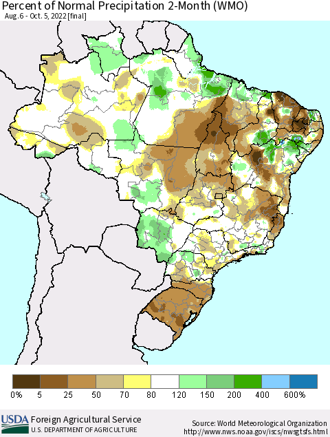 Brazil Percent of Normal Precipitation 2-Month (WMO) Thematic Map For 8/6/2022 - 10/5/2022